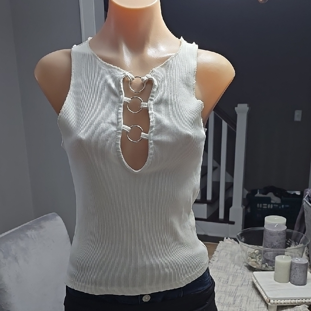 Gilded Intent Cream Ribbed Tie Front Tank Top